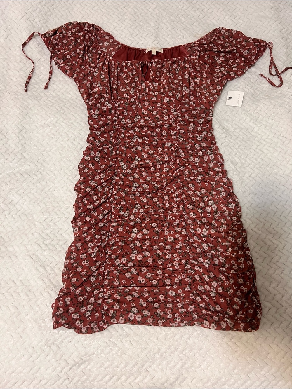Ultra Flirt Rust Red Floral Ruched Off-Shoulder Mini Dress